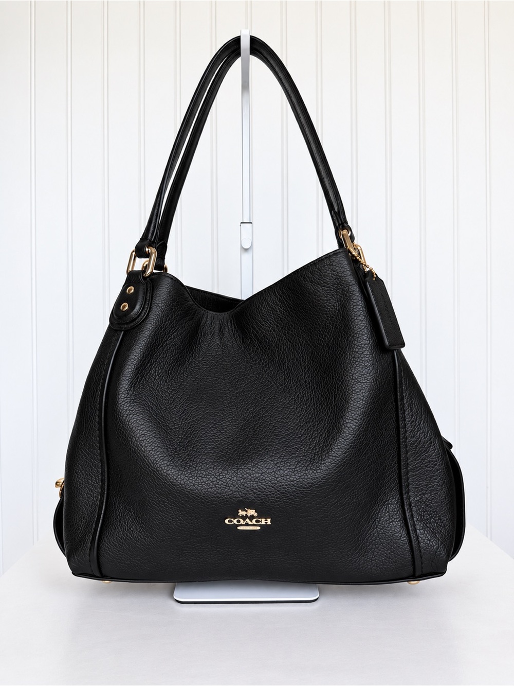 Coach Edie 31 Black Pebbled Leather Shoulder Bag Gold Hardware 57125 COA